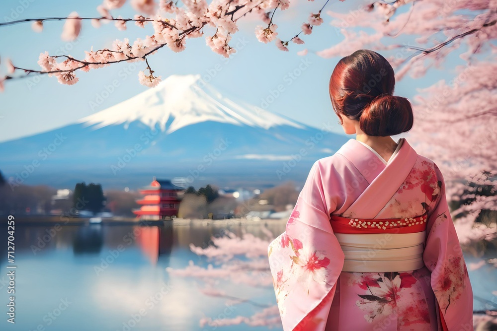 happy Asian young women wearing traditional Japanese kimono at mount Fuji and cherry blossoms, Kawaguchiko lake in Japan