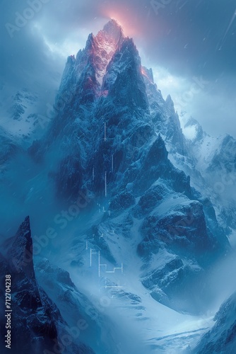A cold snowy mountain peak with a cybernetic overlay showing information about the mountain such as how to climb to the top. 