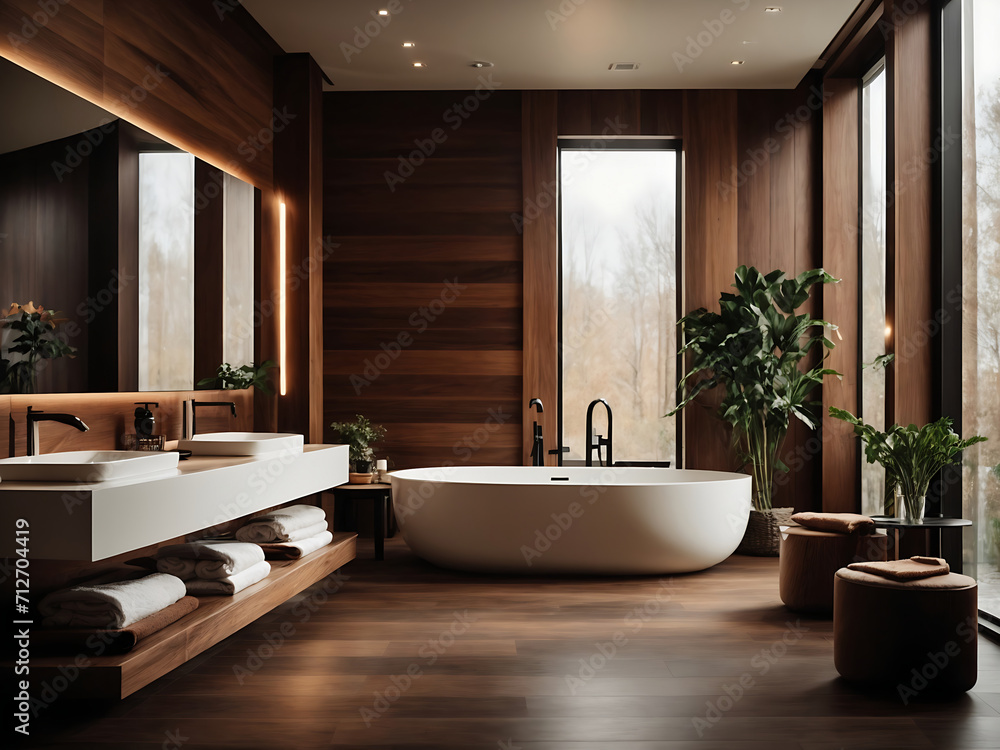 Fototapeta premium Interior of a modern public bathroom with dark wooden walls and tiled floor design.