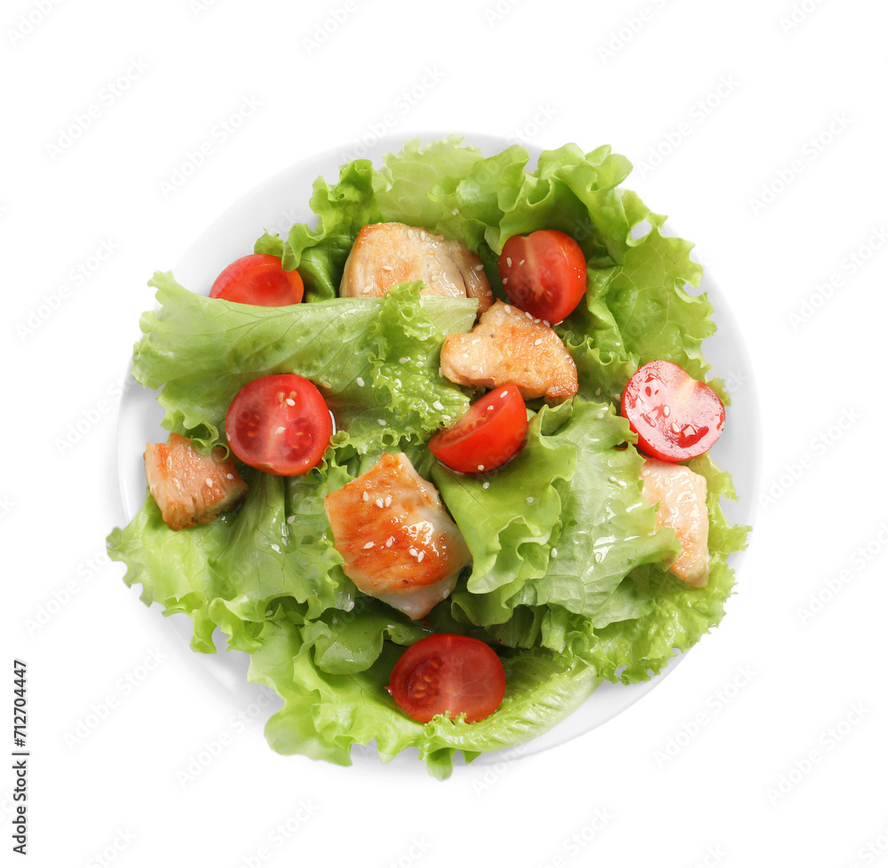 Delicious salad with chicken and cherry tomato in bowl isolated on white, top view Delicious salad with chicken and cherry tomato in bowl isolated on white, top view