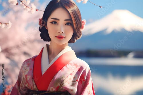 happy Asian young women wearing traditional Japanese kimono at mount Fuji and cherry blossoms, Kawaguchiko lake in Japan