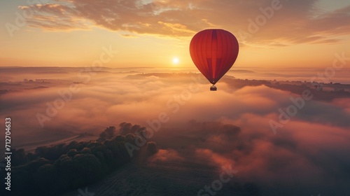 Hot air balloon floats in the golden sunrise sky above a mist-covered landscape