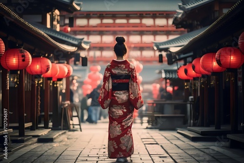 Geisha wearing traditional Japanese kimono at the town temple photo