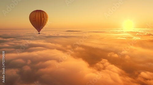 Hot air balloon floats in the golden sunrise sky above a mist-covered landscape © Alizeh