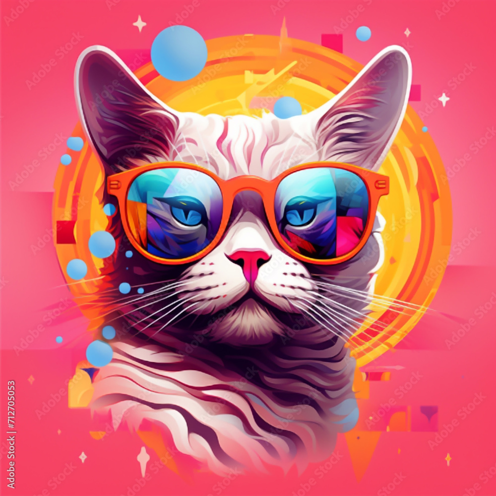 Illustration of the cat poster style. Portrait of a cat with sun glasses. Pop art style.	
