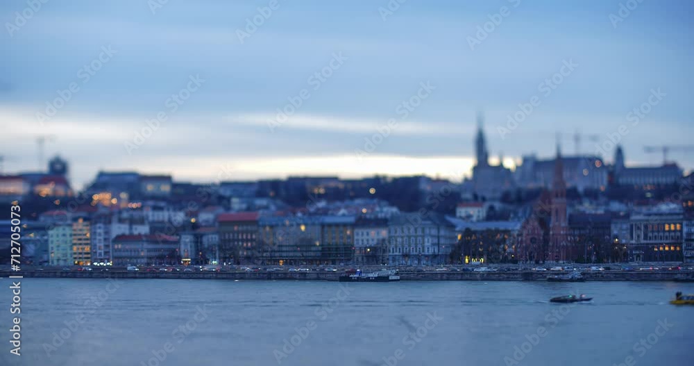 Budapest, Hungary - December 4, 2023: View to Fishermans Bastion castle and tower in Budapest city. Focus tilted to the highway. Night time lapse. Budapest, Hungary - December 4, 2023: View to Fishermans Bastion castle and tower in Budapest city. Focus tilted to the highway. Night time lapse.