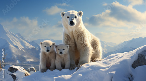Polar bear with twin cubs photo , generate AI photo