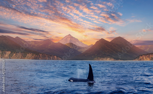 Sunrise landscape Vilyuchinsky Volcano with killer whale. Concept Travel photo Kamchatka Peninsula Russia photo