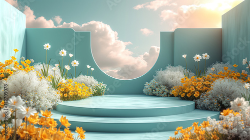 3d render of minimal display podium with flowers and sky background.