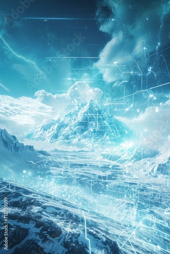 A cold snowy mountain peak with a cybernetic overlay showing information about the mountain such as how to climb to the top. 