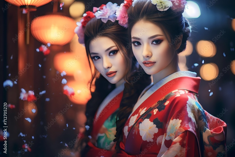 Geisha wearing traditional Japanese kimono at the town temple Geisha wearing traditional Japanese kimono at the town temple