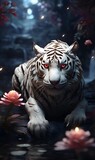 White tiger, on the background of flowers and forest, close-up portrait.