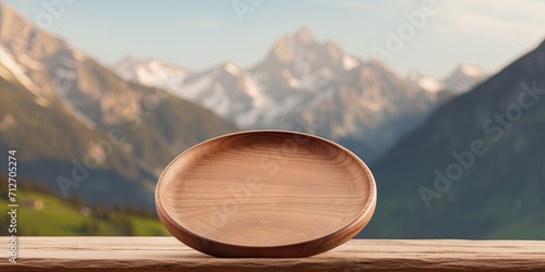 Vintage style concept with free space for copy and branding, displaying products on an empty wooden plate against a soft, blurry mountain background. photo