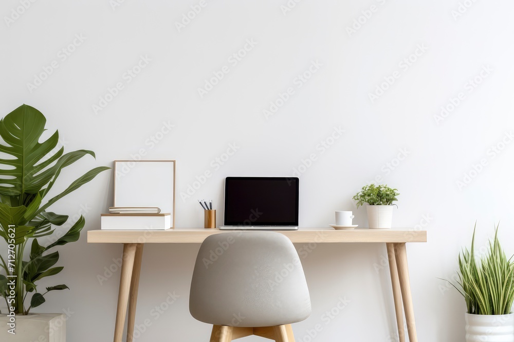 Desk With Laptop and Potted Plant, Productive Workspace Setup