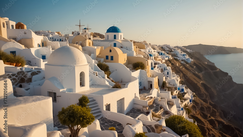 Beautiful Oia town in Greece background sunset - obrazy, fototapety, plakaty 