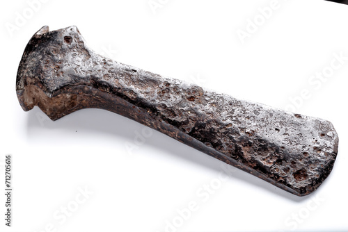 Prehistoric iron ax.Viking ax.Eastern Europe, Kievan Rus.Artifact, archaeological discoveries, search for treasures and artifacts.isolated on white background