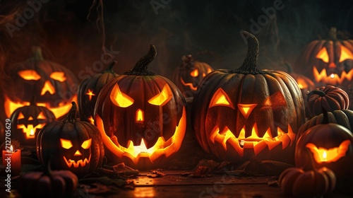 illustration of illuminated carved pumpkins with different evil faces in darkness at Halloween night