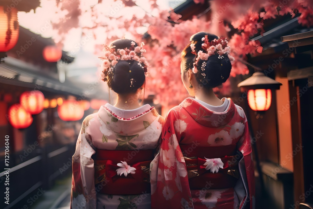 Geisha wearing traditional Japanese kimono at the town temple