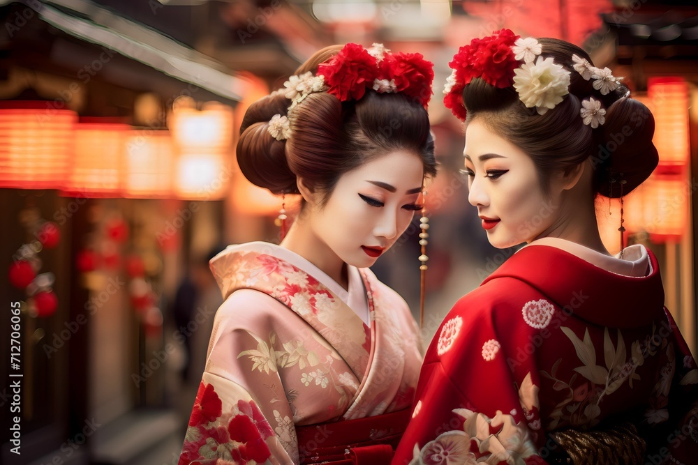 Geisha wearing traditional Japanese kimono at the town temple