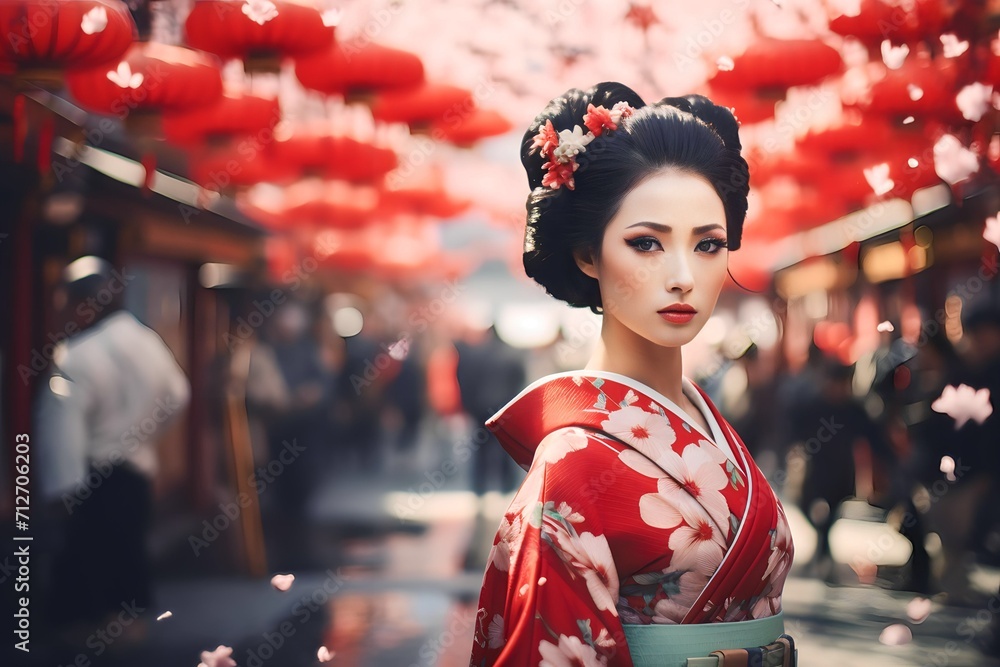 Geisha wearing traditional Japanese kimono at the town temple Geisha wearing traditional Japanese kimono at the town temple