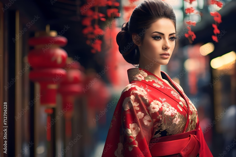 Geisha wearing traditional Japanese kimono at the town temple Geisha wearing traditional Japanese kimono at the town temple