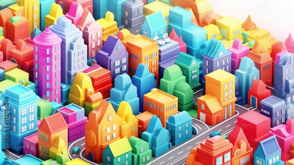 Rainbow 3d isometric city, vibrant background
