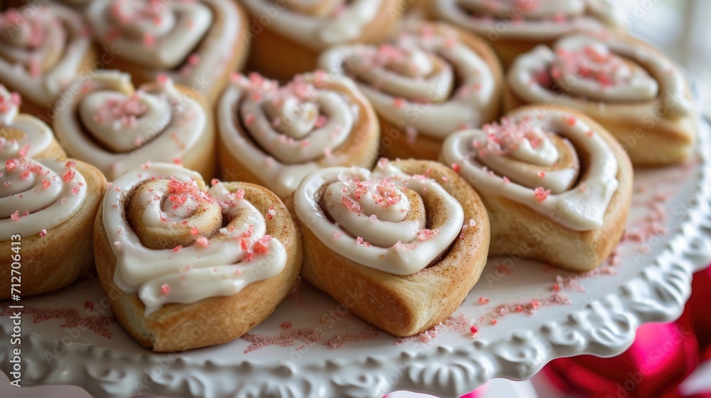 heart-shaped cinnamon rolls with cream cheese frosting generative ai