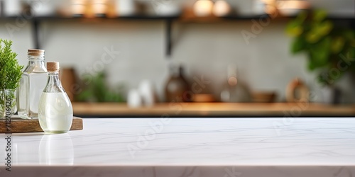 Background includes white table, product shelf, and blurred kitchen. On top is a white marble table surface serving as a desk and counter in a restaurant, with bokeh lights creating a backdrop for
