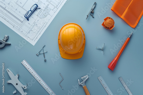 Tools for construction, safety helmet.