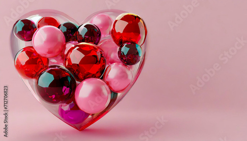 Multicolored Sphere Love Heart. Pink, Red Glass and Red Metallic Spheres arranged in a heart shape. 3D Render, pink background © Giuseppe Cammino