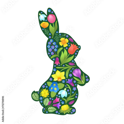 Cute bunny spring rabbit contour filled with flowers pattern. Springtime Easter bunny vector illustration. Whimsical spring flowers in silhouette of a rabbit. Easter holiday greeting cute design.
