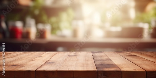 Blurry and abstract kitchen backdrop with empty wooden table and defocused elements for showcasing products.