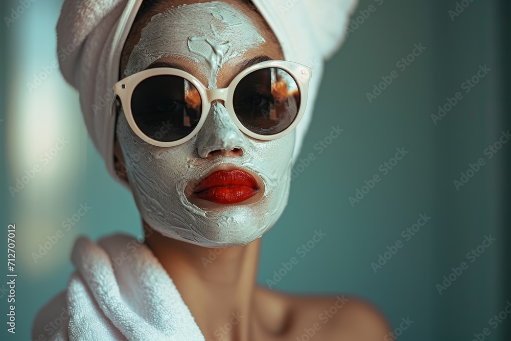 a woman at the spa is relaxing with towels and a face mask. a woman at the spa is relaxing with towels and a face mask.