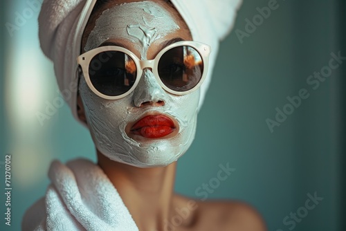 a woman at the spa is relaxing with towels and a face mask.