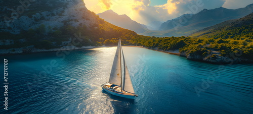 A yacht in the ocean sails into the sunset