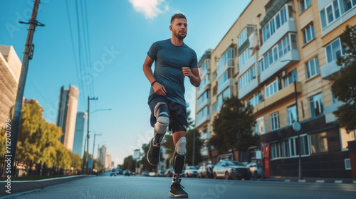 A determined young man with legs prosthesis practice running outdoors, strength and perseverance