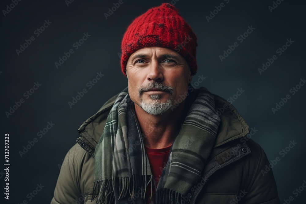 Portrait of a senior man with a gray beard wearing a red hat and scarf. Portrait of a senior man with a gray beard wearing a red hat and scarf.