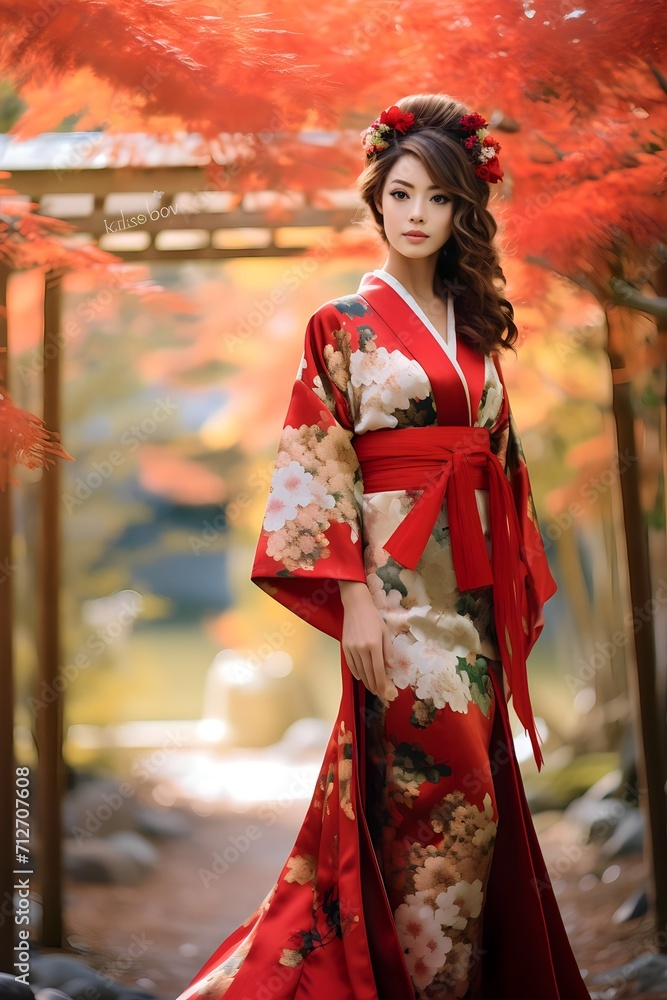 Beautiful young japanesse Asian woman wearing traditional kimono dress at japan park home Beautiful young japanesse Asian woman wearing traditional kimono dress at japan park home
