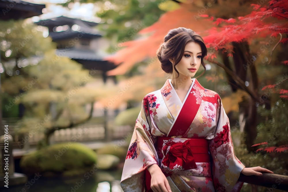 Beautiful young japanesse Asian woman wearing traditional kimono dress at japan park home