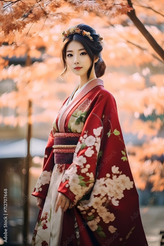 Beautiful young japanesse Asian woman wearing traditional kimono dress at japan park home