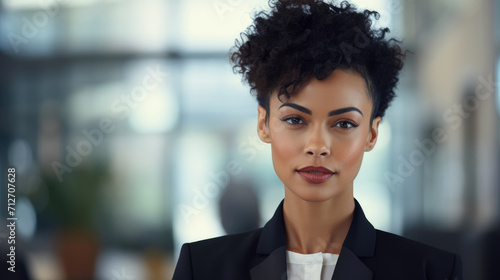Black woman with short hair in suit, blurred office background