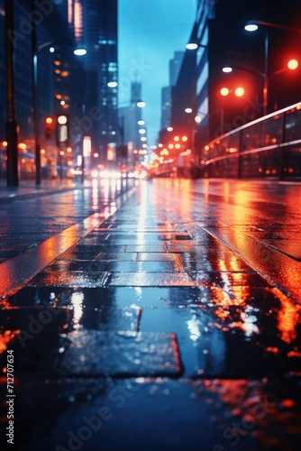 Blurred background of a wet city street at night