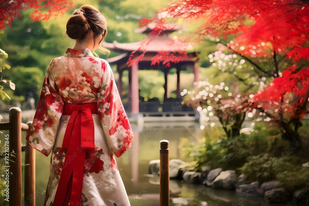 Beautiful young japanesse Asian woman wearing traditional kimono dress at japan park home