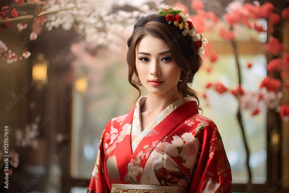 Beautiful young japanesse Asian woman wearing traditional kimono dress at japan park home