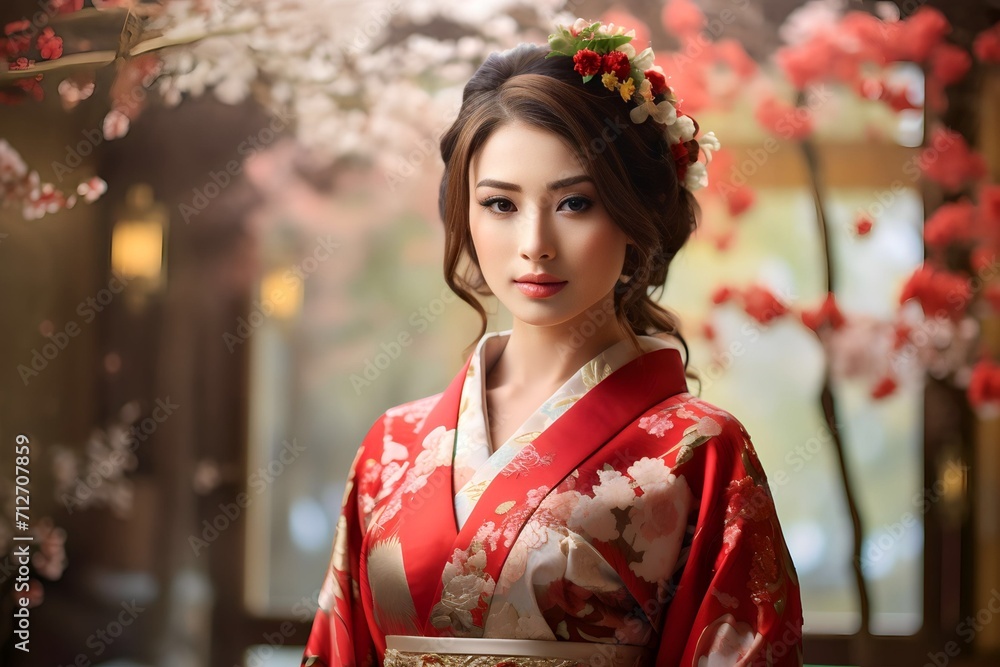 Beautiful young japanesse Asian woman wearing traditional kimono dress at japan park home Beautiful young japanesse Asian woman wearing traditional kimono dress at japan park home