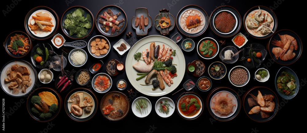 A sumptuous spread of Korean cuisine, artfully arranged, offering a feast for the senses with diverse flavors - obrazy, fototapety, plakaty 