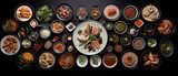 A sumptuous spread of Korean cuisine, artfully arranged, offering a feast for the senses with diverse flavors
