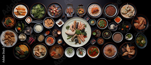 A sumptuous spread of Korean cuisine, artfully arranged, offering a feast for the senses with diverse flavors photo