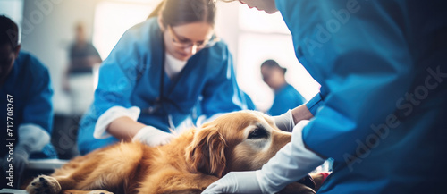 Compassionate veterinary professionals tend to a golden retriever, a moment of care in the clinic's daily life