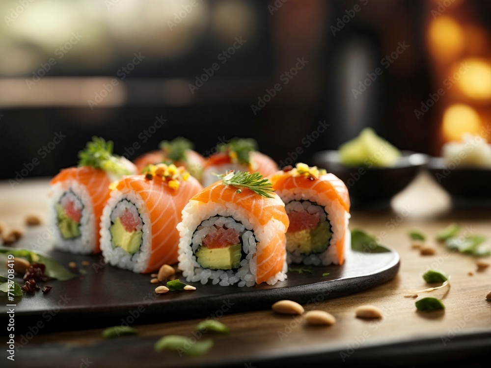 Plate with delicious sushi rolls on wooden table, closeup. Japanese food Plate with delicious sushi rolls on wooden table, closeup. Japanese food